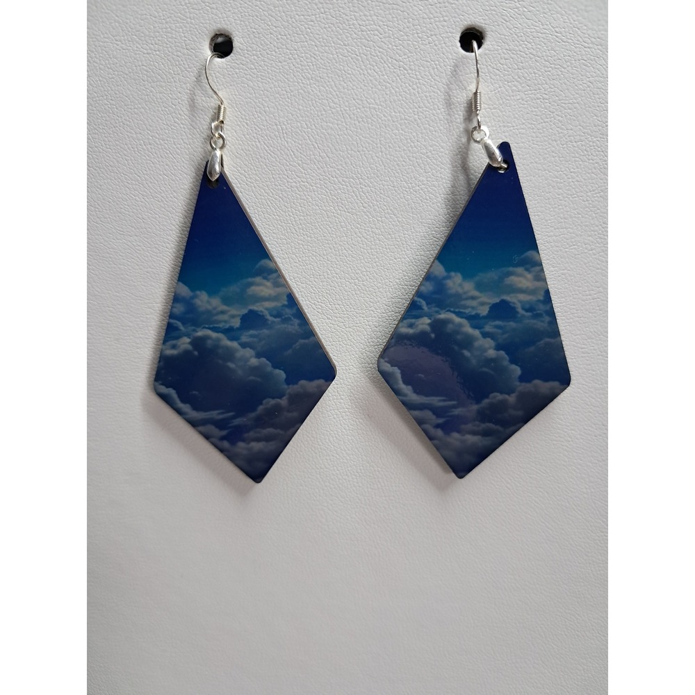 Handmade‎ Blue Sky Cloud Print Kite Shaped Dangle Drop Earrings Silver Tone Hook